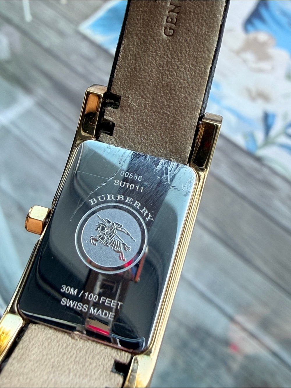Woman’s Burberry Gold-Tone Rectangular Watch with Black Leather Strap with tag. - Picture 7 of 11